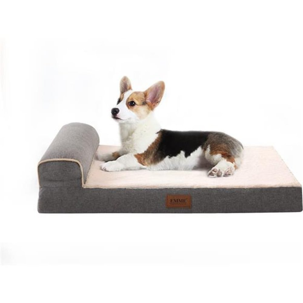 T-Shape Orthopedic Large Dog Bed, Bolster Washable Covers (Grey, Medium)